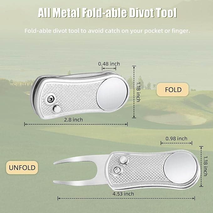 Mile High Life Golf Divot Repair Tool, All Metal Foldable Divot Tool with Pop-up Button & Magnetic Ball Marker