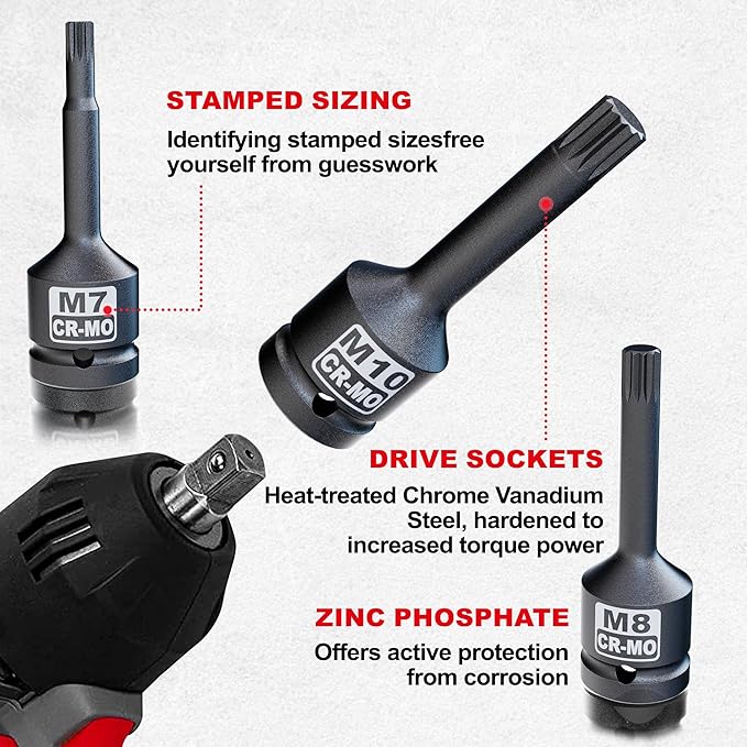 3/8" Drive Master Impact XZN Bit Socket Set, 7-Pieces: M5 - M14, Cr-Mo Steel, Heavy Duty Storage Case