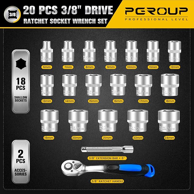 20PCS 3/8" Drive Metric Socket Wrench Set, 90-Tooth Reversible Ratchet Handle竊? Point Shallow Sockets (6-24mm) and Extension Bar 6", CR-V Steel, Tool Set For Car,Motorcycle,Bike Repair