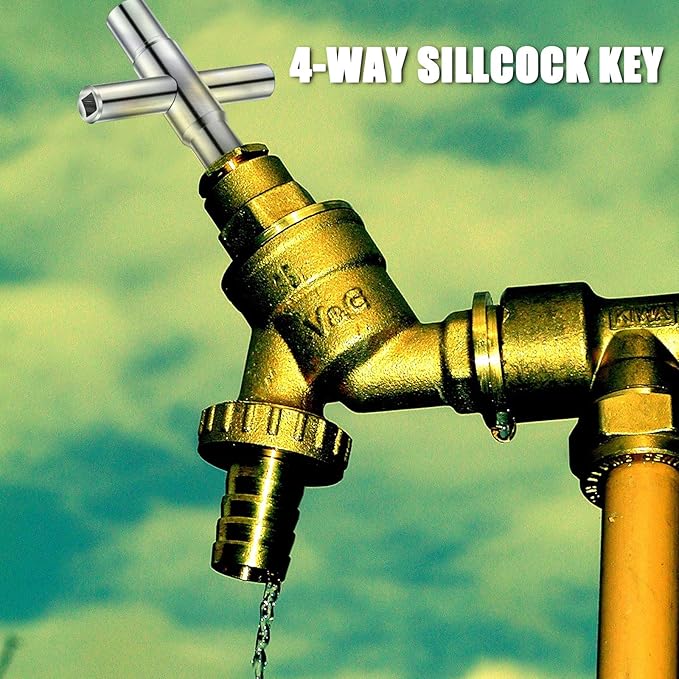 Honoson 2 Pieces 4 Way Sillcock Water Key 1/4", 9/32", 5/16", 11/32" Hose Bib Key Steel Sillcock Wrench Water Utility for Faucet Hose Bib Spigot Valve(Silver)