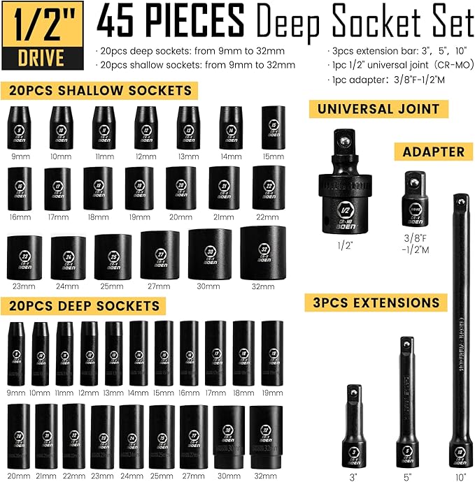 BOEN 1/2" Drive Impact Socket Set, 45 Piece Deep & Shallow Metric Socket Set 9mm to 32mm, Includes 3" 5"10" Extension Bars, Universal Joint, Adapter, 6 Point Design, Cr-V Steel, Meets ANSI Standards