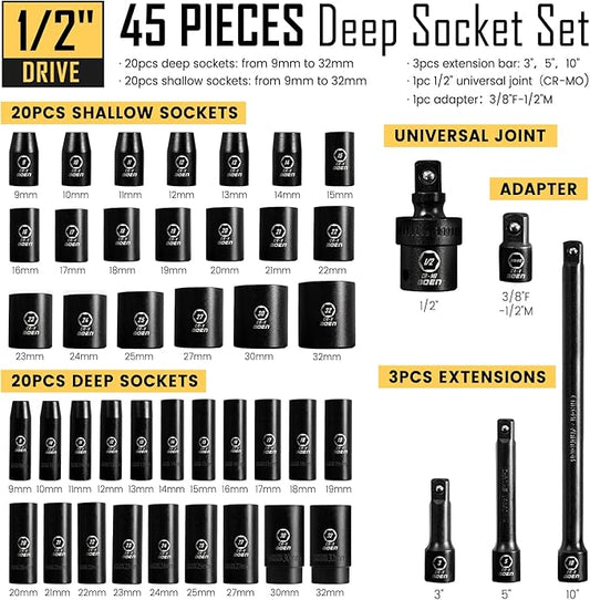 BOEN 1/2" Drive Impact Socket Set, 45 Piece Deep & Shallow Metric Socket Set 9mm to 32mm, Includes 3" 5"10" Extension Bars, Universal Joint, Adapter, 6 Point Design, Cr-V Steel, Meets ANSI Standards