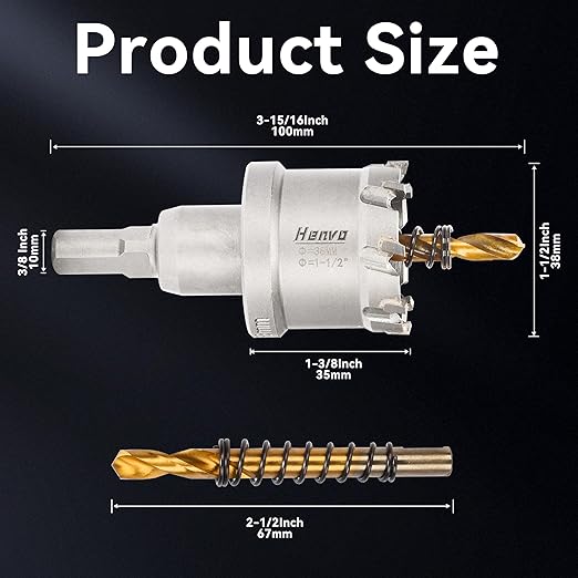 Hole Saw 1-1/2" (38mm) Heavy Duty Carbide with 2 Pilot Drill Bits - Metal Hole Cutter Cuts Stainless Steel, Iron, Copper, Brass, Plastic