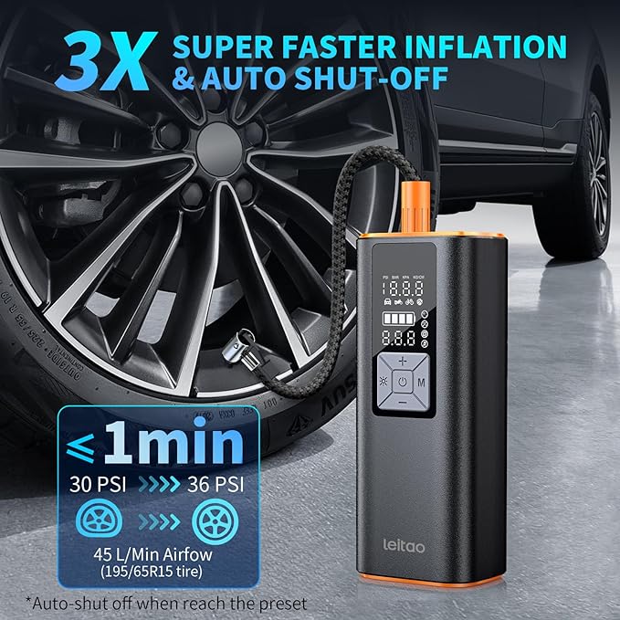 Cordless Tire Inflator Portable Air Compressor, Air Pump for Car Tires 150PSI Cordless with Battery and 12V DC, Auto Shut-Off Air Compressor for Car, Moto, Bike, Ball, etc