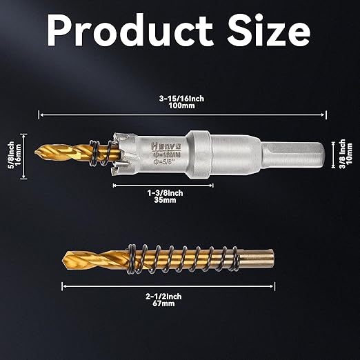 Hole Saw 5/8" (16mm) Heavy Duty Carbide with 2 Pilot Drill Bits - Metal Hole Cutter Cuts Stainless Steel, Iron, Copper, Brass, Plastic