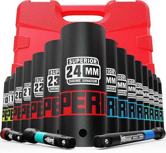 18 Piece 1/2" Drive Deep Impact Socket Set, 10mm - 24mm, with Extension Bars:3-inch, 5-inch, 10-inch, Metric, 6-Point, CR-V Steel, Automotive Maintenance, Machinery Manufacturing