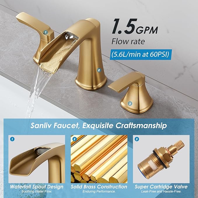 Brushed Gold Waterfall Bathroom Faucet, Sanliv 3-Piece Widespread Bathroom Sink Faucets, 2-Handle Vanity Faucet for 3-Hole Sinks 4-8 Inch with Pop-Up Drain, Brushed Gold