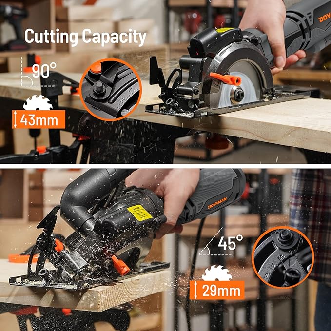 DOVAMAN Circular Saw, 5.8A 4-1/2" Circular Saw w/Laser, Metal Auxiliary Handle, 6 Blades (4½", 4¾"), Cutting Depth 1-11/16" (90°), 1-3/8" (45°), Ideal for Wood, Soft Metal, Plastic, Tile - MCS01A