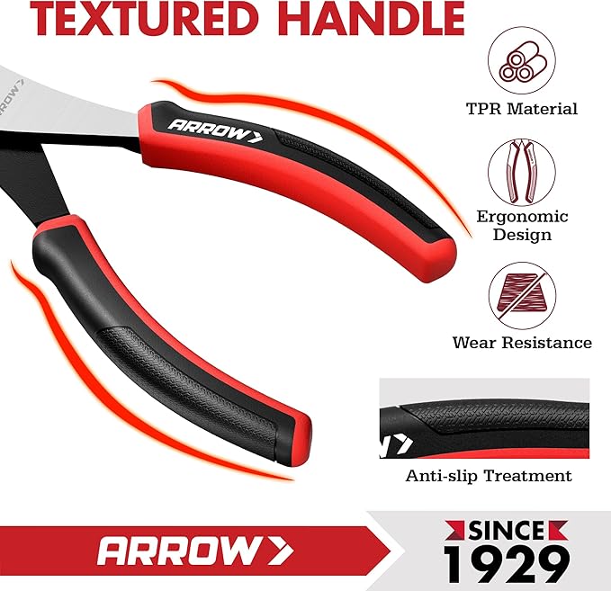 ARROW Slip Joint Pliers, 8 Inch High Carbon Steel Pliers Tool with Rust Resistant Finish, Comfortable TPR Handle, 3-Zone Jaw for Gripping, Tightening, or Loosening Nuts and Bolts