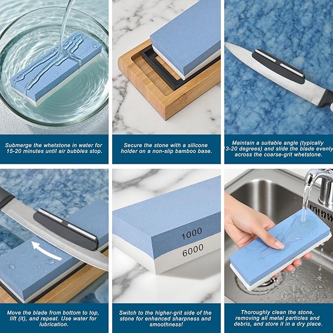 Gunpla Knife Sharpening Stone 1000/6000 Grit Whetstone with Non-Slip Rubber Bamboo Base and Angle Guide for Kitchen, Hunting and Pocket Knives