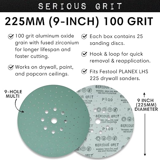 Serious Grit - 225mm 9-Hole 100 Grit Drywall Sanding Discs - Fits Festool Planex LHS 225 Sanders - Heavy-Duty Hook & Loop Film Abrasives - Dust-Free Multi-Hole Drywall Sander Sandpaper - 25 Pack