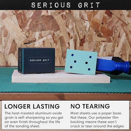 Serious Grit - 3" x 4" 6-Hole 800 Grit Sanding Sheets - Fits Surfprep, Uneeda Ekasand, Mirka DEOS 343 - Heavy-Duty Hook & Loop Film Abrasive Pads - Sandpaper for 3x4 Sheet Sanders - 50 Pack Box