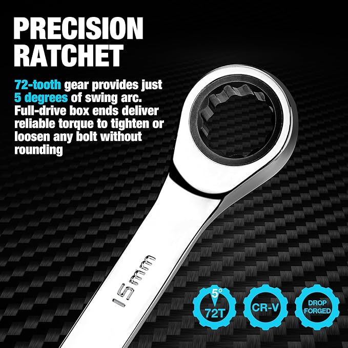 DURATECH 15mm Ratcheting Combination Wrench, Metric, 72-Tooth, 14-Point, CR-V Constructed with Mirror Polish