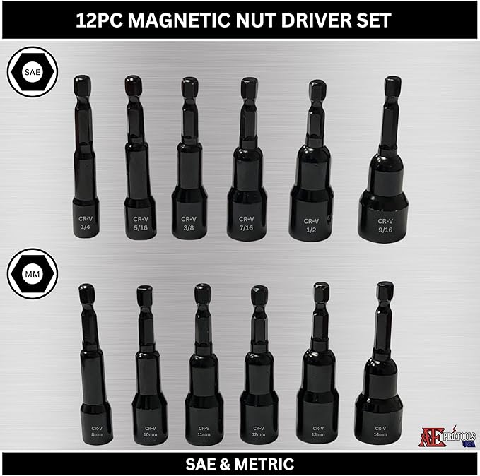 ATE Pro. Tools - 12 Piece Magnetic Nut Driver Set, SAE & Metric, 1/4" Hex Shank, Quick-Change, Premium Impact Power Hex Nut Driver Drill Bit Master Kit, SAE 1/4" to 9/16", Metric 8-14mm, Cr-V Steel