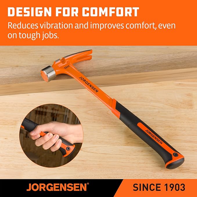Jorgensen 22 oz Framing Hammer, Straight Claw Hammer with Magnetic Nail Holder, Rip Claw Hammer with Milled Face, Side Nail Puller, Shock Absorbing Grip, Heavy Duty One-piece Forged Hammer