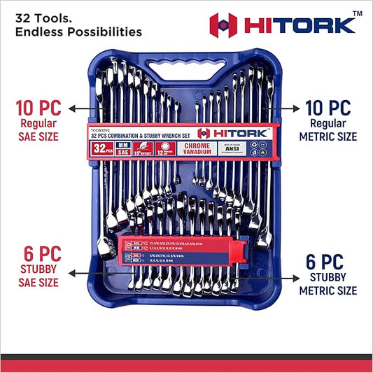 HITORK 32 Piece Wrench Set SAE & Metric 20 Standard & 12 Stubby Combination Wrenches Cr-V Steel 12-Point Mirror Finish 15째 Offset with Organizer Tray Ideal for Auto & Home Repair