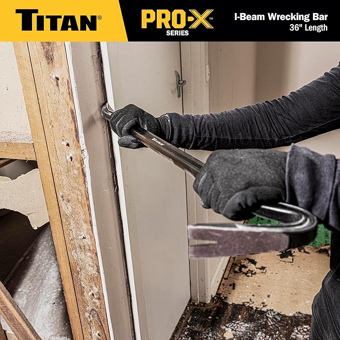Titan Pro-X 63801 36-Inch I-Beam Wrecking Bar with Curved Gooseneck Design, Fully Hardened High Carbon Steel Construction, Angled Chisel End, Flat Striking Target