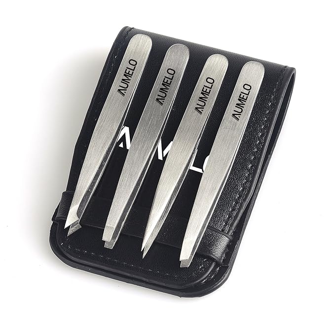 Tweezers Set 4-Piece Professional Stainless Steel Tweezers Gift with Travel Case by Aumelo - Best Precision Eyebrow and Splinter Ingrown Hair Removal Tweezer Tip,No Colored & Chemical Free