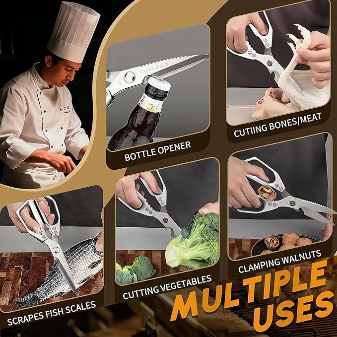 Japanese Kitchen Shears - Professional Heavy Duty Poultry Scissors, Premium Stainless Steel Blade, Sharp Silver Meat Scissors Cuts For Chicken Bones, Meat, Turkey, Fish, Dishwasher Safe