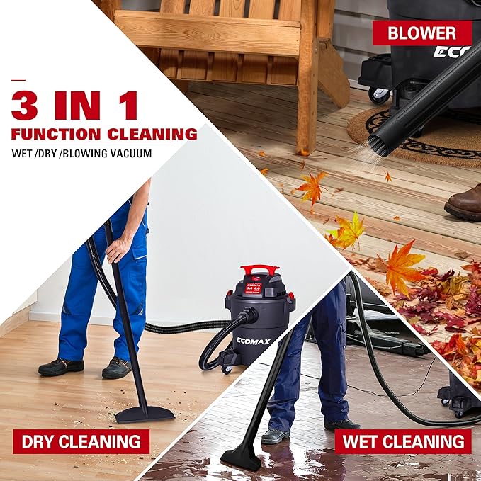 ECOMAX Wet Dry Vacuum 6 Gallon, 4 HP 85 CFM 3-in-1 Shop Vac with Suction/Blow/Wet Dry Function, Heavy-Duty Portable Poly Wet/Dry Vac Car Vacuum for Workshop, Jobsite, Garage and Home Cleaning