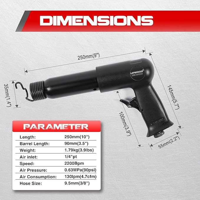 UW-AH250 Long Barrel Air Hammer Kit with Quick Change Retainer and 4 Chisels, 3-5/8 Inch Stroke, 2200 BPM, Light weight (AH250P - Long Barrel)
