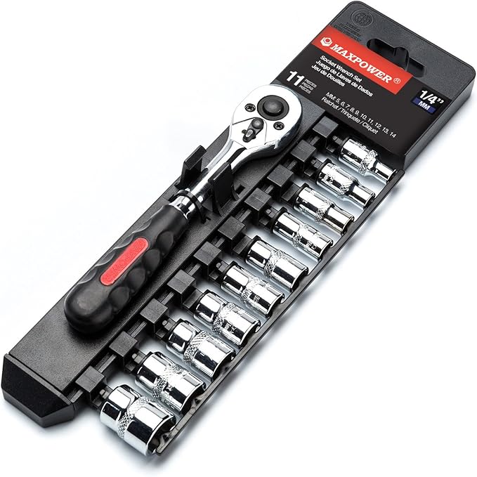 MAXPOWER 11-Piece 1/4-inch Ratcheting Socket Wrench Metric Set 5mm ??14mmQuick Release Reversible Ratchet Handle and Swappable with Hanging Rack