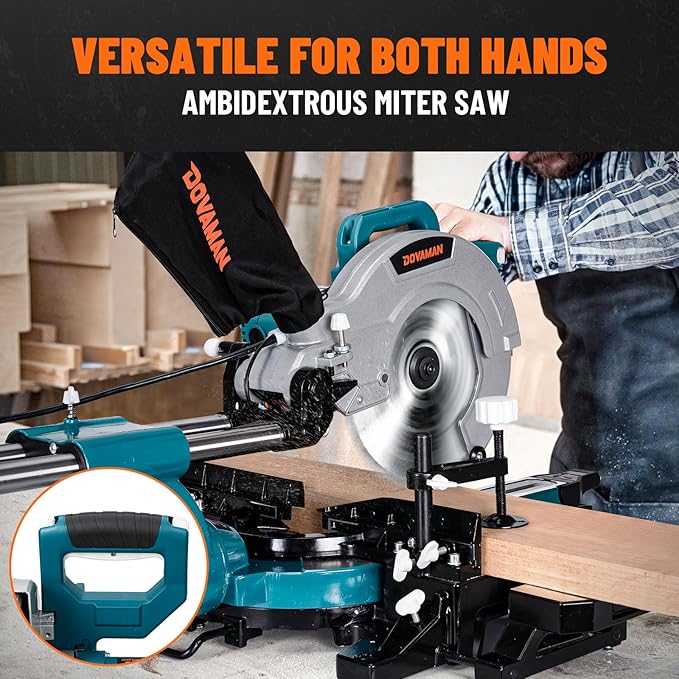 DOVAMAN Updated 10-Inch Sliding Miter Saw, Multi-Material Cutting w/ 3 x TCT Blades, Ambidextrous Operation, 5000/3200RPM Speed, Laser Guide, 0-45° Bevel Cut, Max Cut 3.5x13.4in, 9 Positive Stops