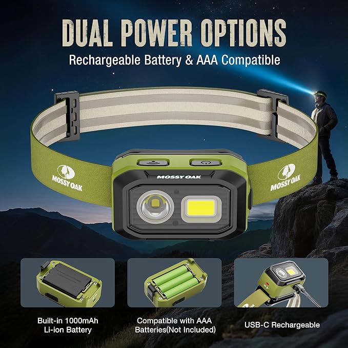 Mossy Oak 600 Lumens LED Headlamp, Dual Power Source, Motion Sensor Head Lamp with Magnetic Base, Stepless Dimming, Memory Mode for Camping, Running, Hiking, Christmas Gifts