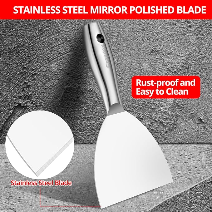 6 Inch Putty Knife Scraper,6" One Piece Premium Polished All-Stainless Steel Scraper Tool for Spreading Drywall Spackle & Mud, Taping, Scraping Paint