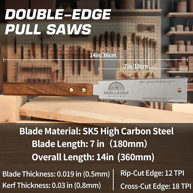 Japanese Hand Pull Saw, 7 In Ryoba Double Edge Saw of 12/18 TPI Professional Rip, Cross & Flush Cut to Help Carpenter for Achieve Soft Hard Woods Cutting Quickly Accurately Without Scratches