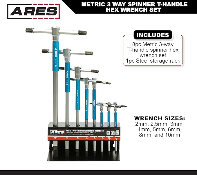 ARES 44001 ??8-Piece Metric T-Handle Hex Key Set ??3-Way Spinner Wrenches with Sliding Handle ??2mm to 10mm
