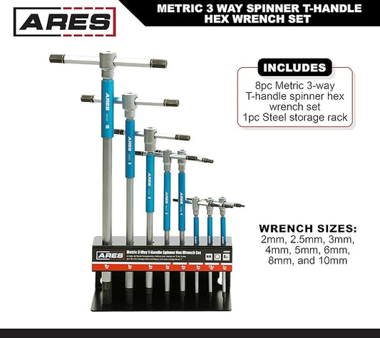 ARES 44001 ??8-Piece Metric T-Handle Hex Key Set ??3-Way Spinner Wrenches with Sliding Handle ??2mm to 10mm