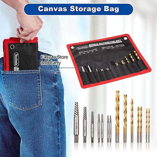 Toolwiz Easy Out Screw Extractor Set ??14PCS Broken Bolt Extractor Kit with HSS Left Handed Drill Bits for Removing Stripped Screws, Broken Bolts, Damaged Nuts Easy Out Set with Canvas Bag