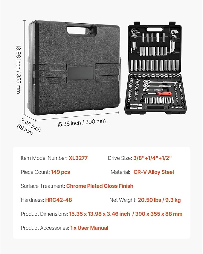 149-Piece Socket & Ratchet Set,1/2",3/8" & 1/4",SAE and Metric,Deep and Shallow,CR-V Alloy Steel with High Torque Ratchet & Case,Complete Mechanic Tool Kit for Auto Repair & DIY