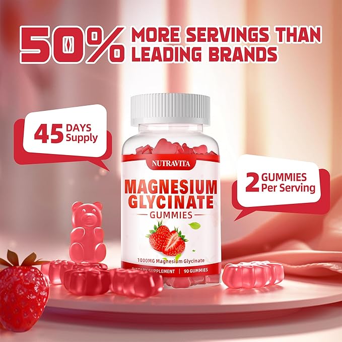 Magnesium Glycinate Gummies 1000mg with L-Threonate,Chelated Magnesium Potassium Complex Supplement with VitD, B6, CoQ10, Calcium,Supports for Memory, Calm, Mood - 180 Gummies Strawberry