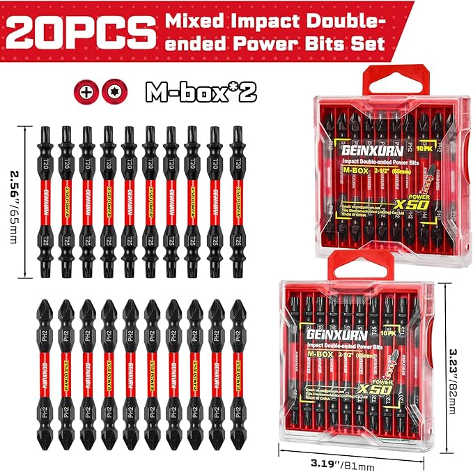 Impact Double End Screwdriver Bit Set, 20Pcs 2.56 In.Reversible Power Driver Bits, Magnetic S2 Steel Two Sides PH2/T20/T25 Screwdriver Bit Tips Set with Storage M-Box