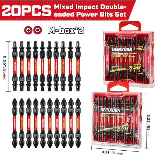 Impact Double End Screwdriver Bit Set, 20Pcs 2.56 In.Reversible Power Driver Bits, Magnetic S2 Steel Two Sides PH2/T20/T25 Screwdriver Bit Tips Set with Storage M-Box