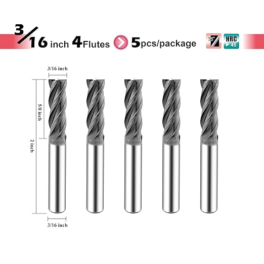 SPEED TIGER Micrograin Carbide Square End Mill - 4 Flute - ISE3/16 4T (5 Pieces, 3/16") - for Milling Alloy Steels, Hardened Steel, Metal & More ??Mill Bits Sets for DIYers & Professionals