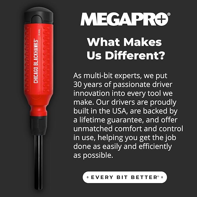 MEGAPRO짰 NHL짰 Team Edition Multi-bit Screwdriver | Officially Licensed NHL짰 Gear | Durable, Ergonomic, Pro-Grade Screwdriver (Chicago Blackhawks짰)