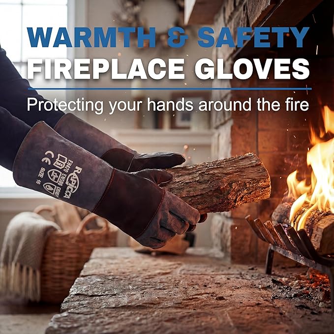 Fireplace Gloves Fire Heat Resistant: Dark-Grey 16IN 932??- Fireproof Leather for Fireplace Fire Pit Wood Stove Campfire Furnace BBQ Grill Oven Stick Mig Welding Welder Gear - Birthday Gift XL