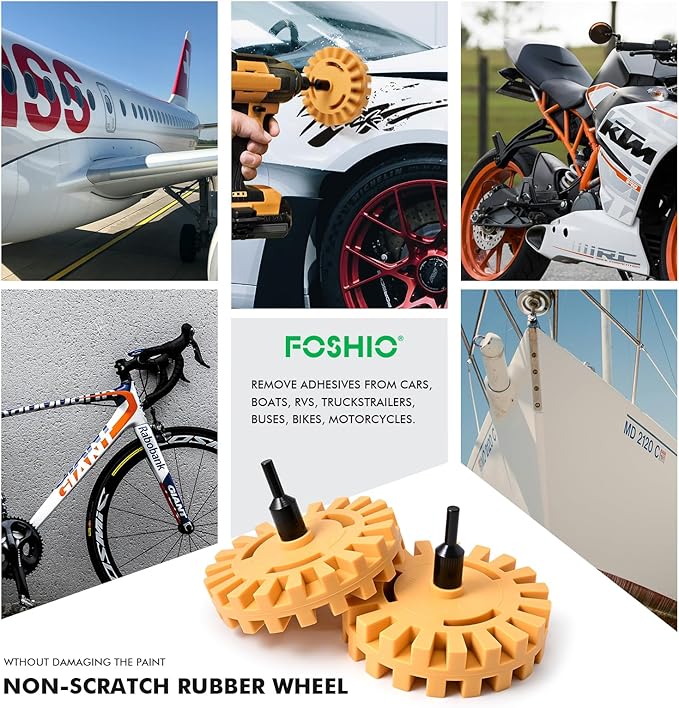 FOSHIO 3 Pack Decal Remover Eraser Wheel Tool Kit, 20mm & 25mm Decal Remover Wheel with Adapter, Scraper with Plastic Razor Blades, Rubber Wheel Tool Kit for Remove Vinyl, Decal, Adhesive, Residue
