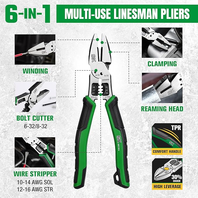 SK 3-Piece Pliers Set, 8-Inch Multi-use Noodle Nose Pliers, 7-Inch Multi-use Diagonal Pliers and 8-Inch Multi-use Linesman Pliers, CR-V Construction, Anti-slip Handle, with EVA Foam Tool Organizer