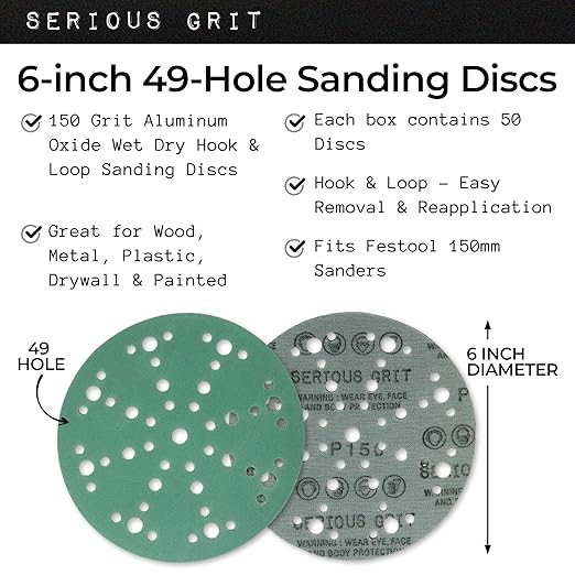 Serious Grit - 6-Inch 49-Hole 150 Grit Sanding Discs - Heavy-Duty Hook & Loop Film Discs - Sandpaper for Random Orbital Sanders - 50 Pack Box