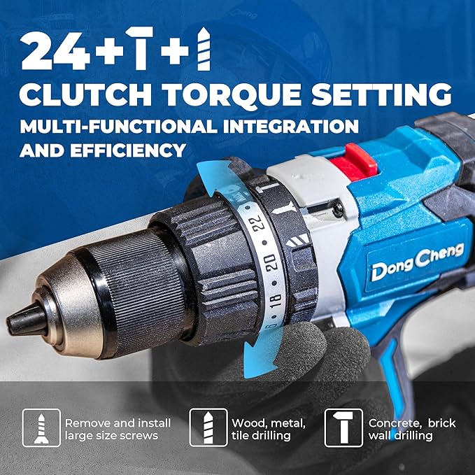 Dong Cheng 20V Brushless Hammer Drill Bare Tool, 1062 in-lbs, 1/2" Keyless Metal Chuck, 24+1+1 Clutch, Cordless Hammer Drill with 4.0Ah Battery Kit for Drilling Brick Wall, Metal, Wood (Bare Tool)