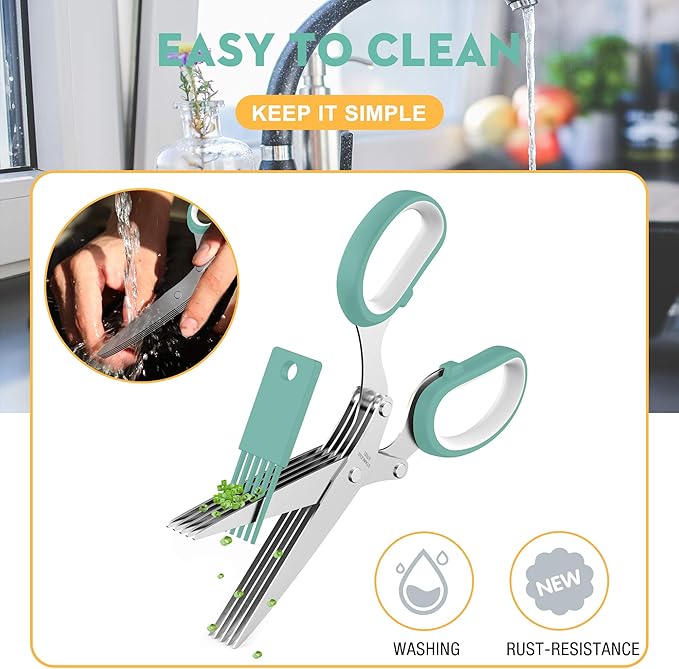 Fun Unique Kitchen Gadgets: Herb Scissors Set - Updated 2025 Cool Kitchen Tools for Cutting Fresh Garden Herbs - Sharp 5-Blade Shears with Cover, Anti-Rust Stainless Steel, Dishwasher Safe (Blue)