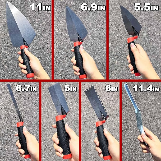7 PCS Bricklaying Knife Tool Set, Pointed Knife And Flat Serrated Knife Set, Brick Joint Slotting Tool, Rubber Handle, Concrete, Cement, Mortar, Tile, Bricklaying And Putty Knife