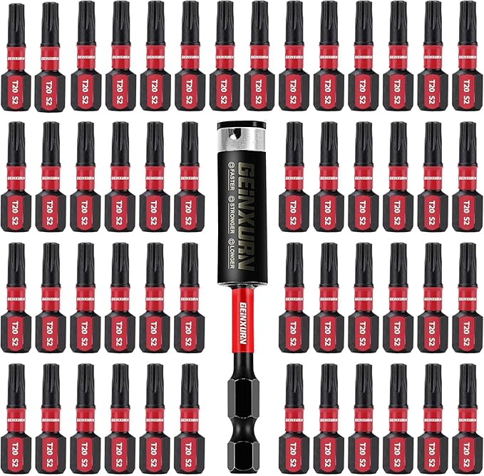50 Pieces T20 1 In. Impact Tough Magnetic #20 Torx Head Power Bits, S2 Alloy Steel T20 Screwdriver Bits Set with 1Pcs Impact Bit Holder