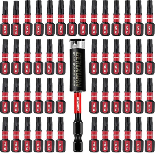 50 Pieces T20 1 In. Impact Tough Magnetic #20 Torx Head Power Bits, S2 Alloy Steel T20 Screwdriver Bits Set with 1Pcs Impact Bit Holder