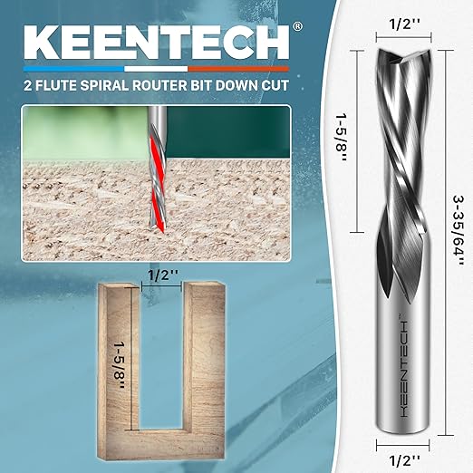 KEENTECH 1/2" Shank Downcut 2 Flute Flat Tip Sprial Router Bit for CNC Router Machine, 1/2" Cutting Diameter, 1-5/8" Cutting Depth, for Wood Cutting, Custom Furniture, Slot Mortise, Engraving