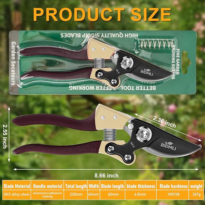 Heavy Duty Pruning Shears竊똆arden Scissors & Clippers with Red-BIDMLI 8.66" SK5 Steel Blades & Aluminum Alloy Handles, Tree Branch Cutter, Ideal for Thick Branches, Dry Twigs, Flower Pruning Tool.